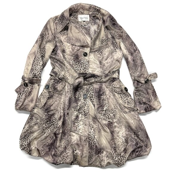 MaxMara Belted Coat Womens Large Animal Print Lightweight Button Up Flared - Picture 1 of 12
